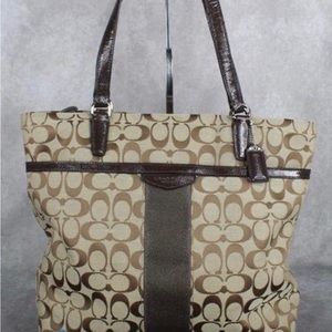 Coach Model 32101-D1420 Khaki/Brown Signature Stripe Jacquard Leather Tote